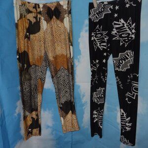 Two LG Pairs of LEGGINGS, (1) Black and White / (2) Brown Designs